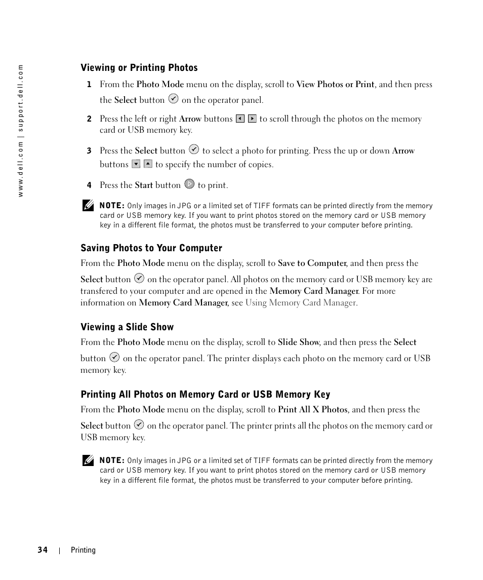 Viewing or printing photos, Saving photos to your computer, Viewing a slide show | Dell 944 All In One Inkjet Printer User Manual | Page 34 / 118