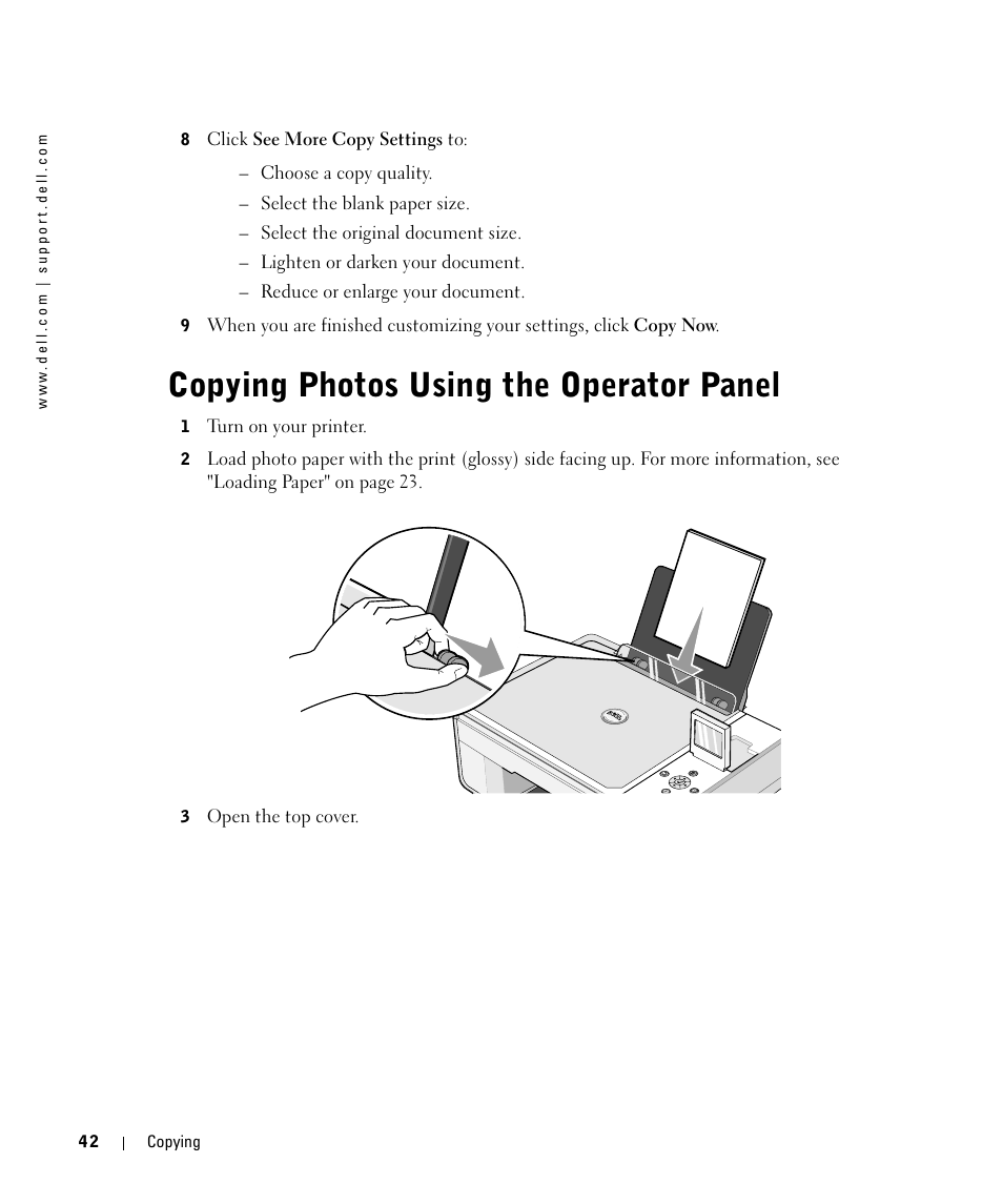 Copying photos using the operator panel | Dell 944 All In One Inkjet Printer User Manual | Page 42 / 118