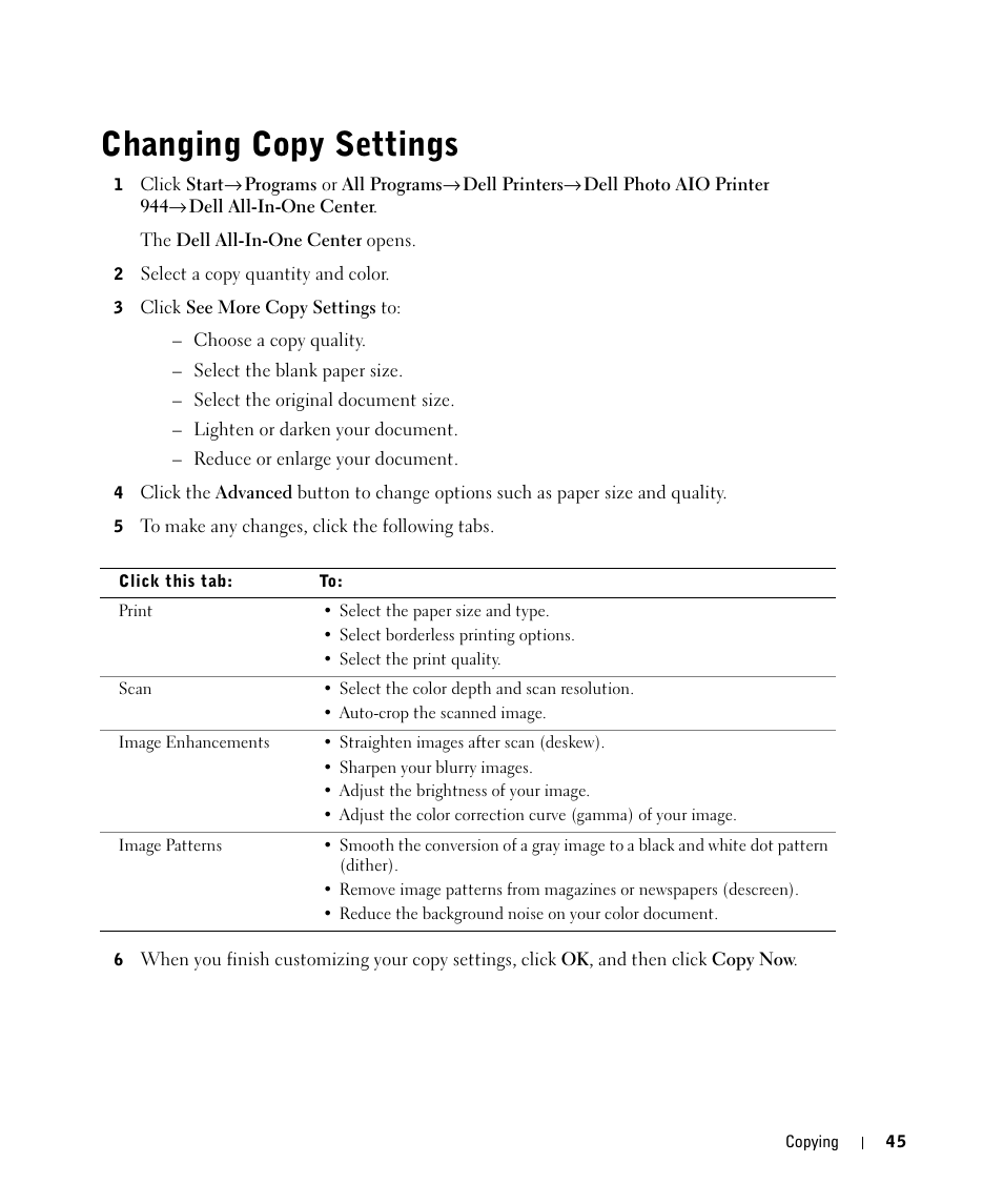 Changing copy settings | Dell 944 All In One Inkjet Printer User Manual | Page 45 / 118