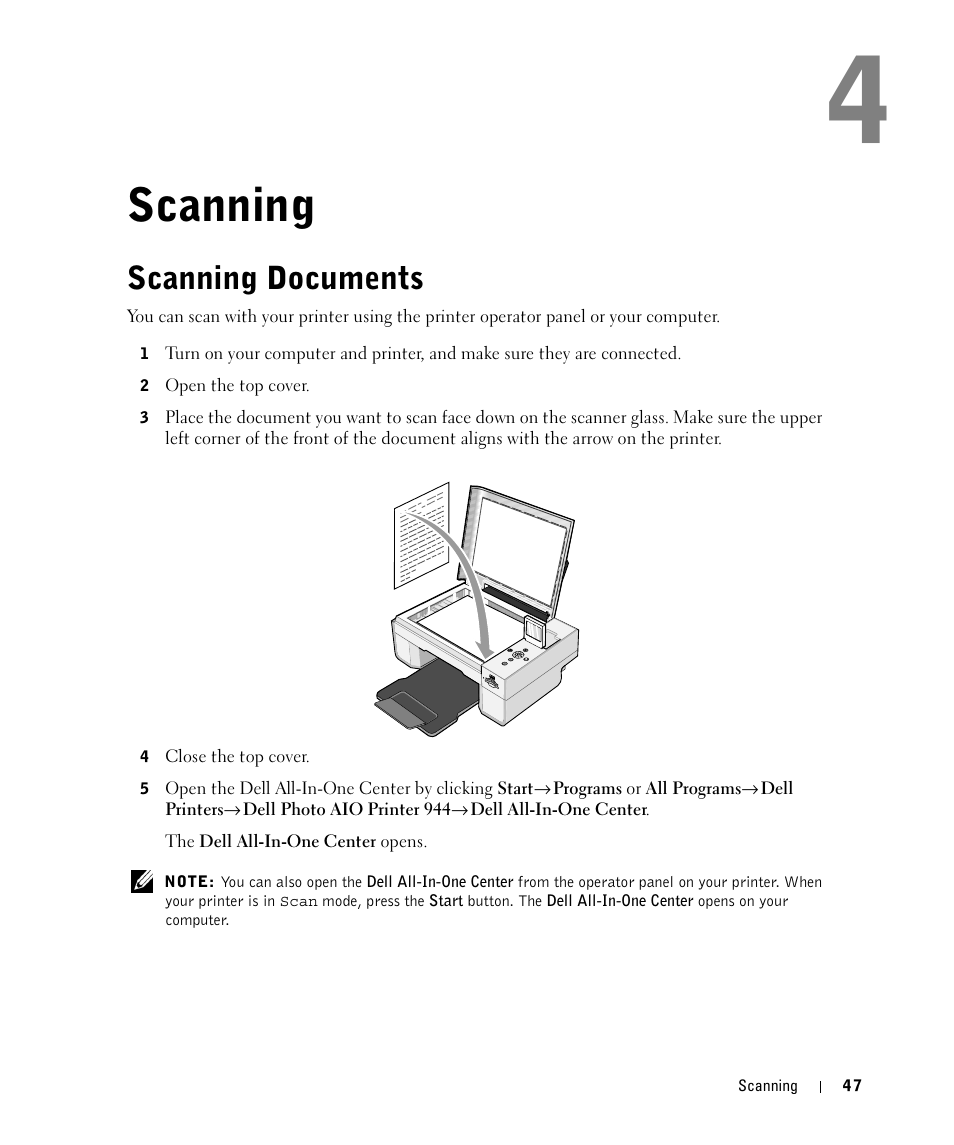 Scanning, Scanning documents | Dell 944 All In One Inkjet Printer User Manual | Page 47 / 118