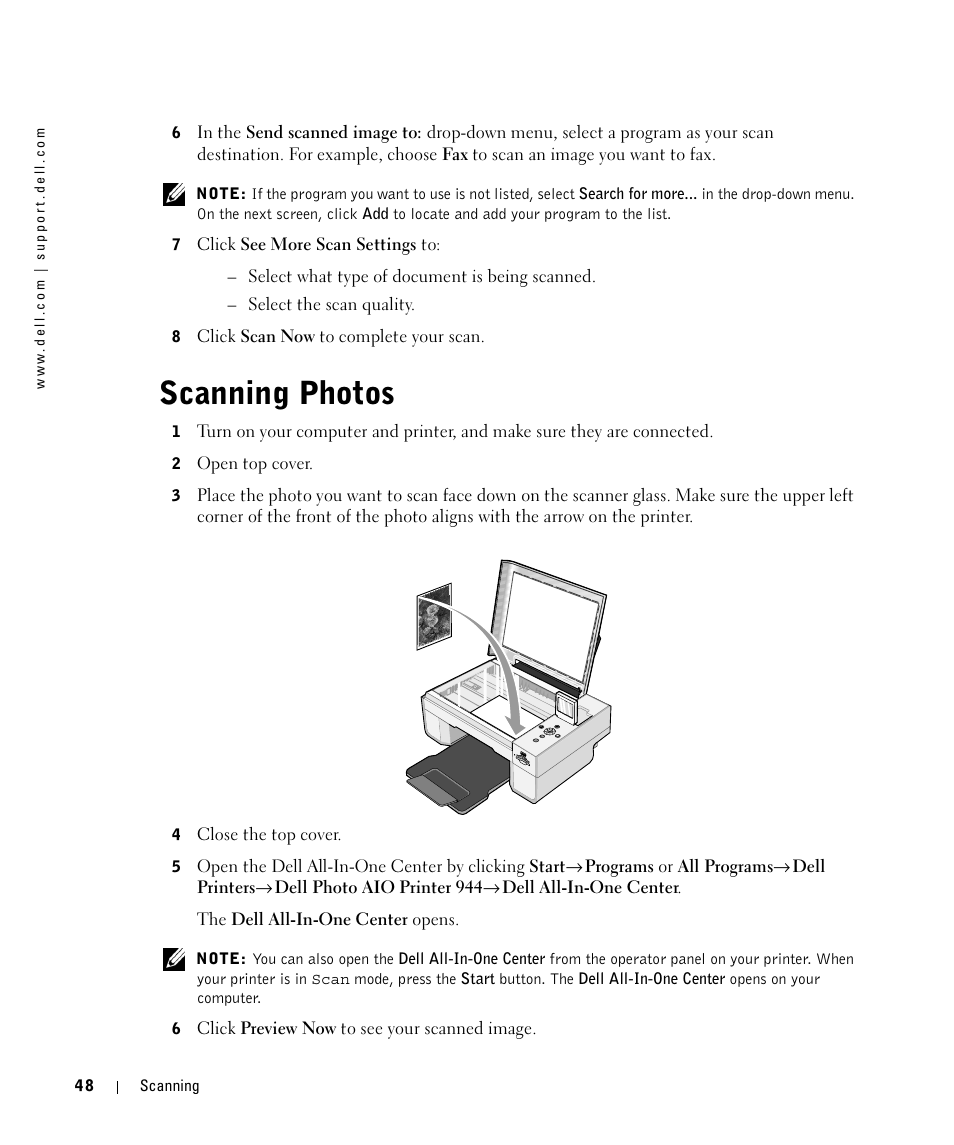 Scanning photos | Dell 944 All In One Inkjet Printer User Manual | Page 48 / 118