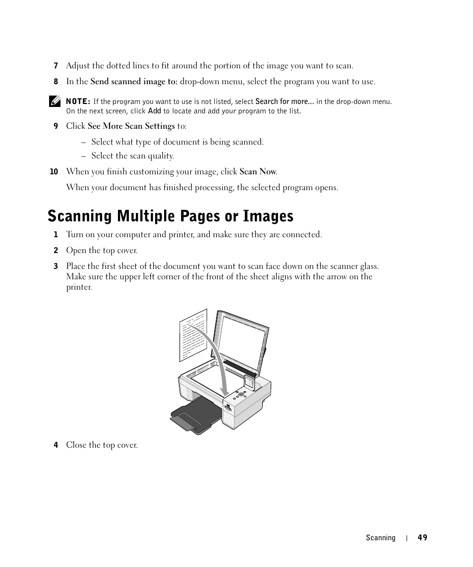 Scanning multiple pages or images | Dell 944 All In One Inkjet Printer User Manual | Page 49 / 118