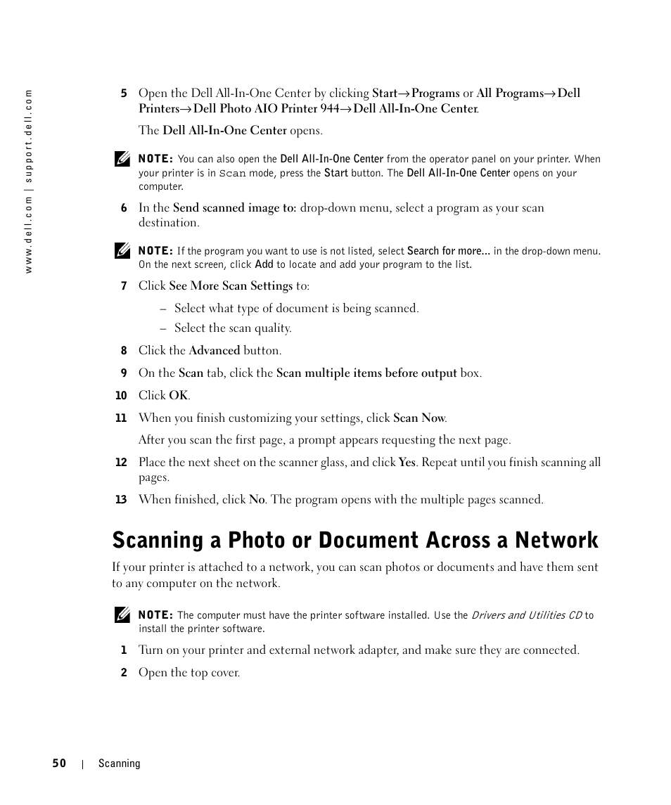 Scanning a photo or document across a network | Dell 944 All In One Inkjet Printer User Manual | Page 50 / 118