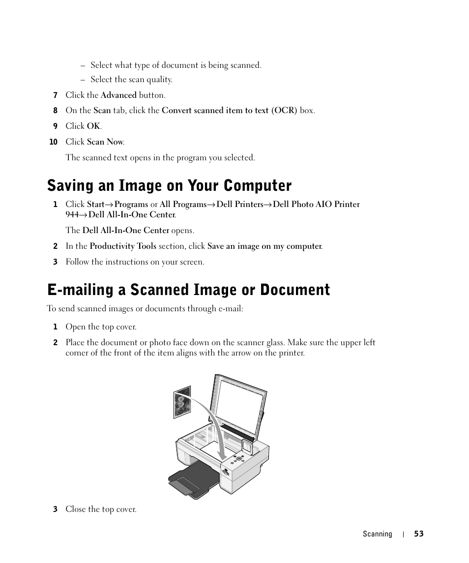 Saving an image on your computer, E-mailing a scanned image or document | Dell 944 All In One Inkjet Printer User Manual | Page 53 / 118