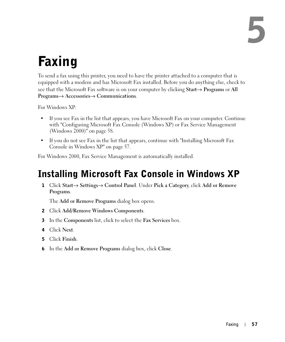 Faxing, Installing microsoft fax console in windows xp | Dell 944 All In One Inkjet Printer User Manual | Page 57 / 118