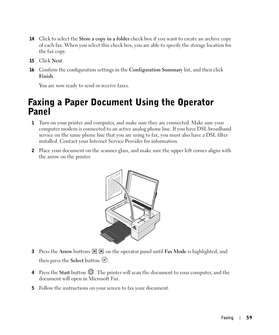 Faxing a paper document using the operator panel | Dell 944 All In One Inkjet Printer User Manual | Page 59 / 118