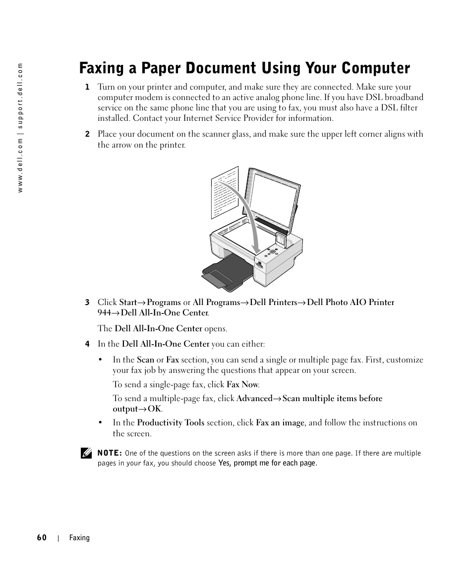 Faxing a paper document using your computer | Dell 944 All In One Inkjet Printer User Manual | Page 60 / 118