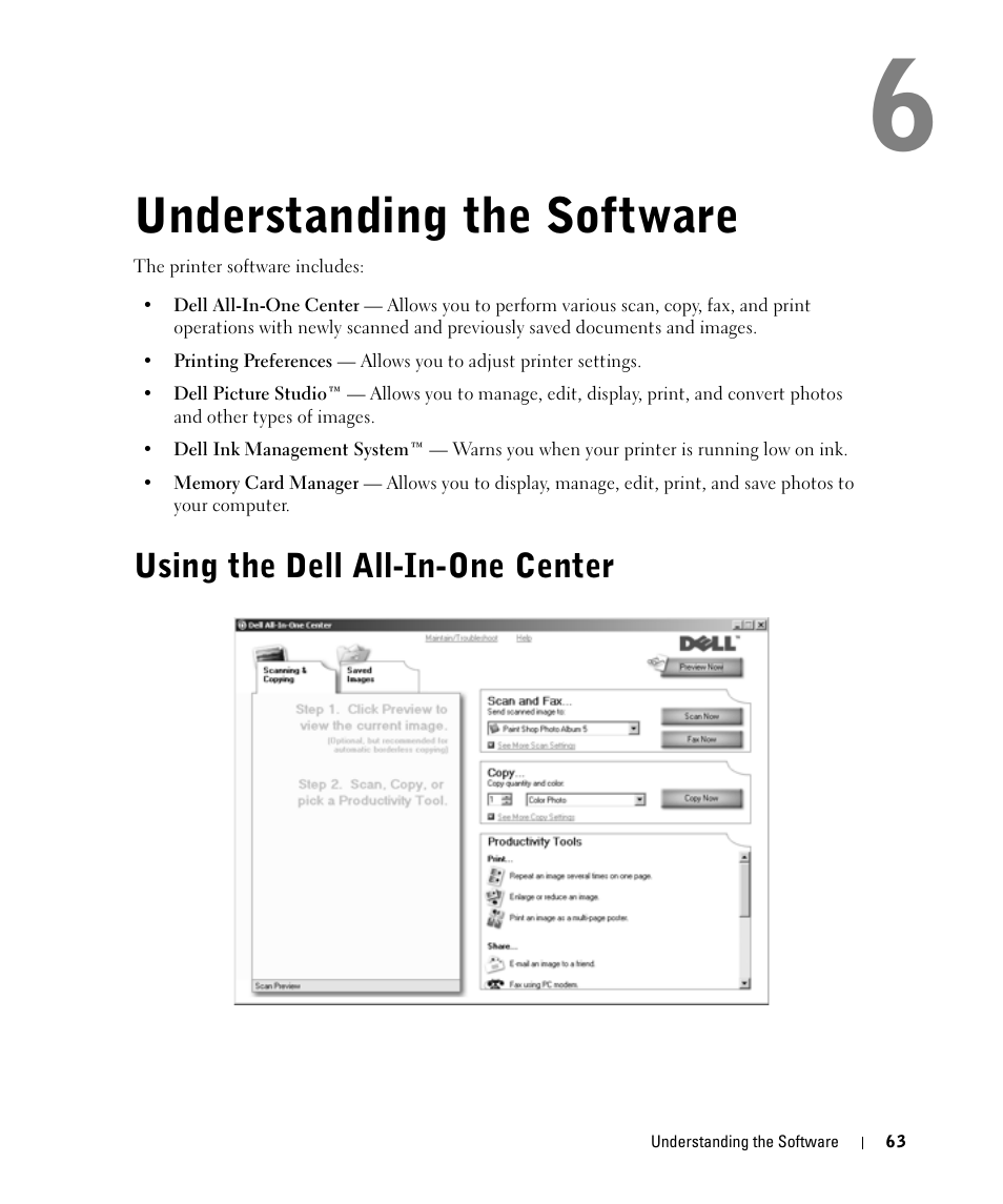 Understanding the software, Using the dell all-in-one center | Dell 944 All In One Inkjet Printer User Manual | Page 63 / 118