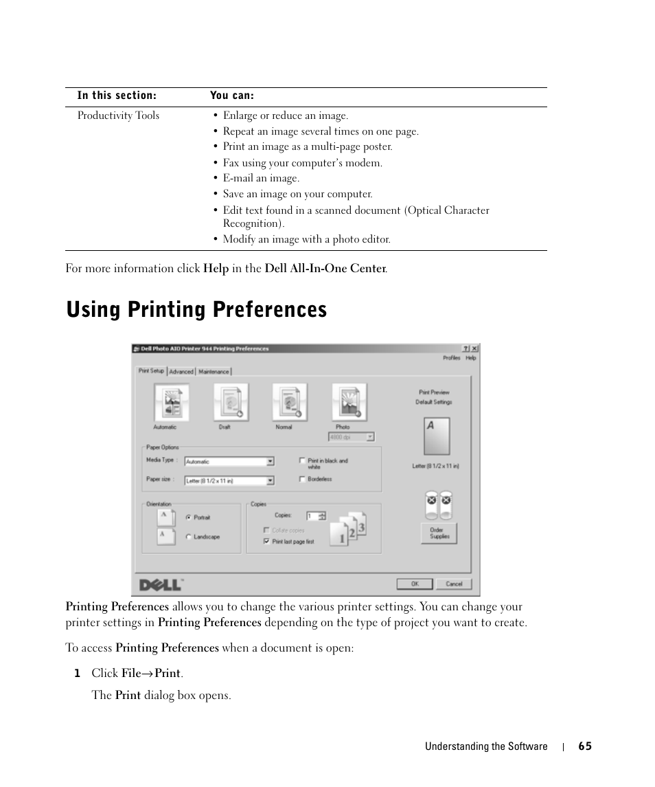 Using printing preferences | Dell 944 All In One Inkjet Printer User Manual | Page 65 / 118