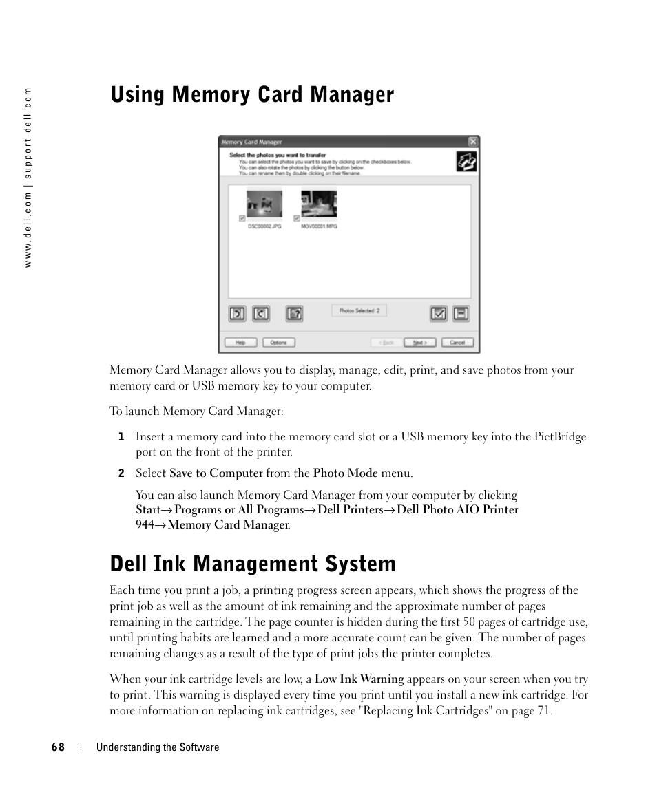 Using memory card manager, Dell ink management system | Dell 944 All In One Inkjet Printer User Manual | Page 68 / 118