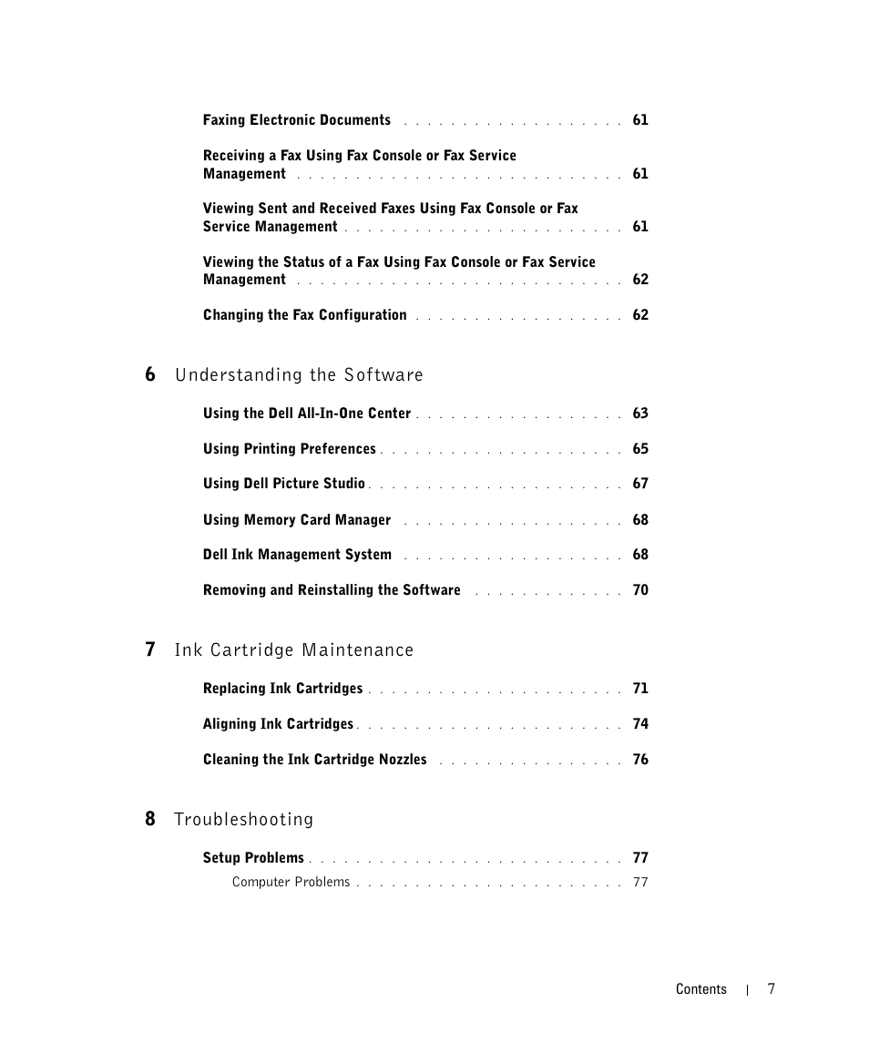 6understanding the software, 7ink cartridge maintenance, 8troubleshooting | Dell 944 All In One Inkjet Printer User Manual | Page 7 / 118