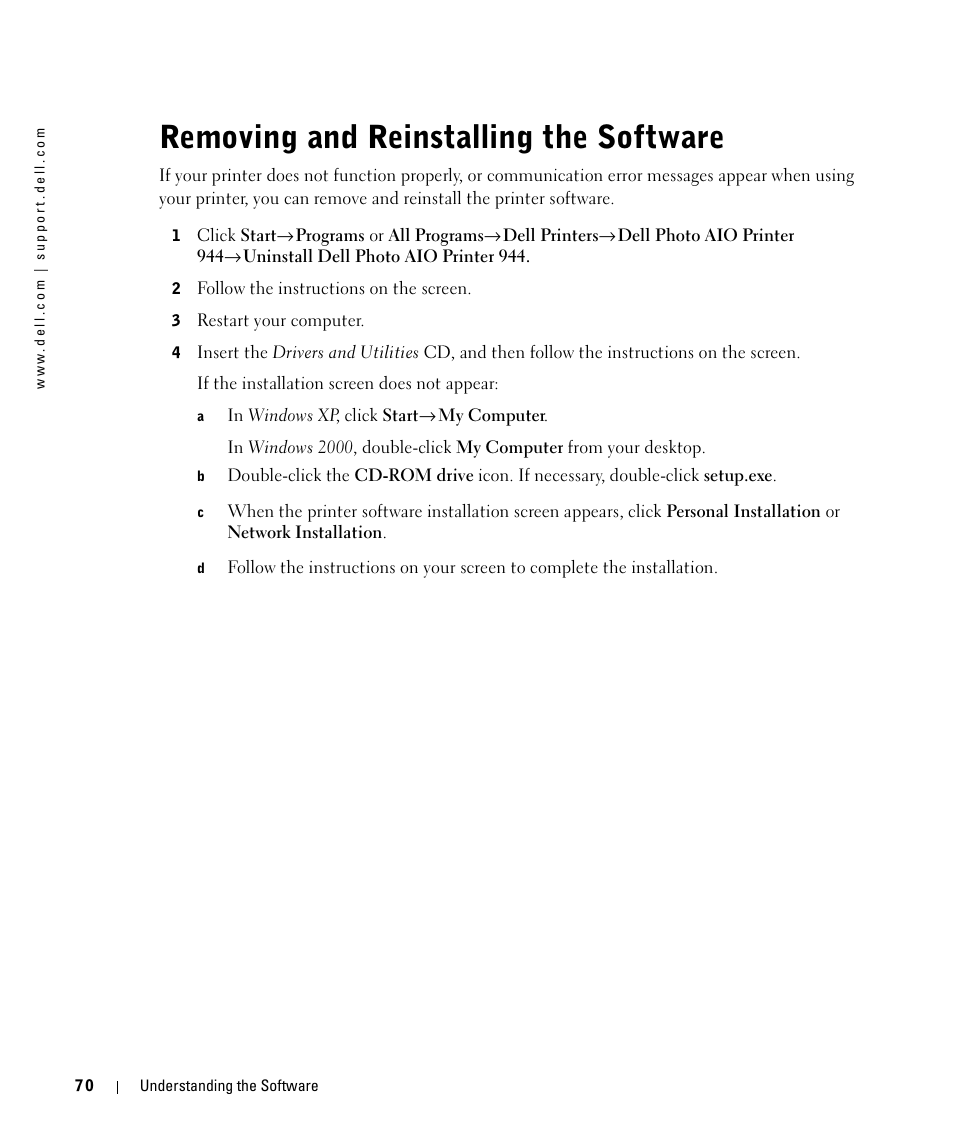 Removing and reinstalling the software | Dell 944 All In One Inkjet Printer User Manual | Page 70 / 118