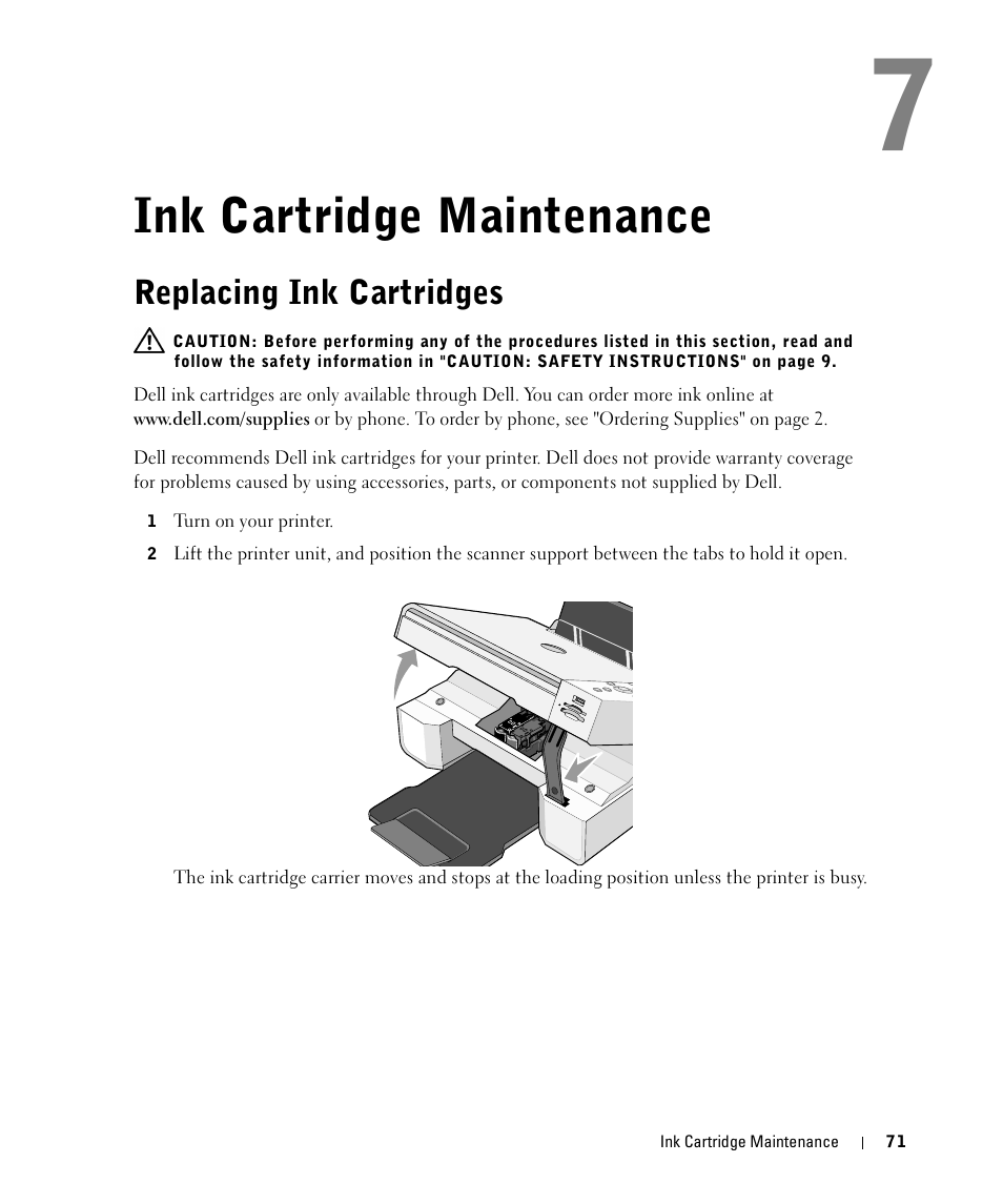 Ink cartridge maintenance, Replacing ink cartridges | Dell 944 All In One Inkjet Printer User Manual | Page 71 / 118