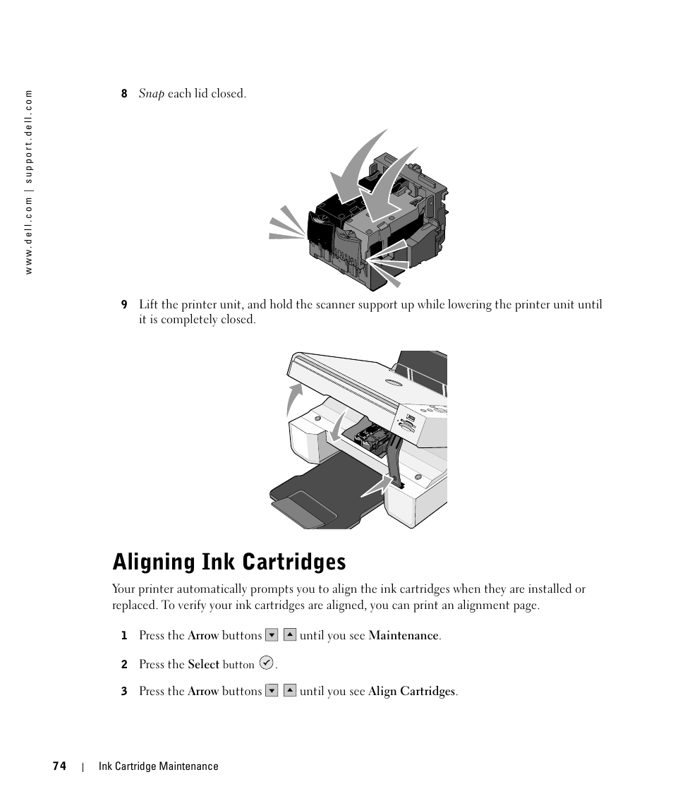 Aligning ink cartridges | Dell 944 All In One Inkjet Printer User Manual | Page 74 / 118