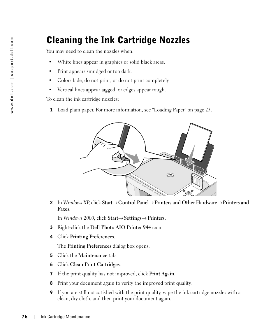 Cleaning the ink cartridge nozzles | Dell 944 All In One Inkjet Printer User Manual | Page 76 / 118