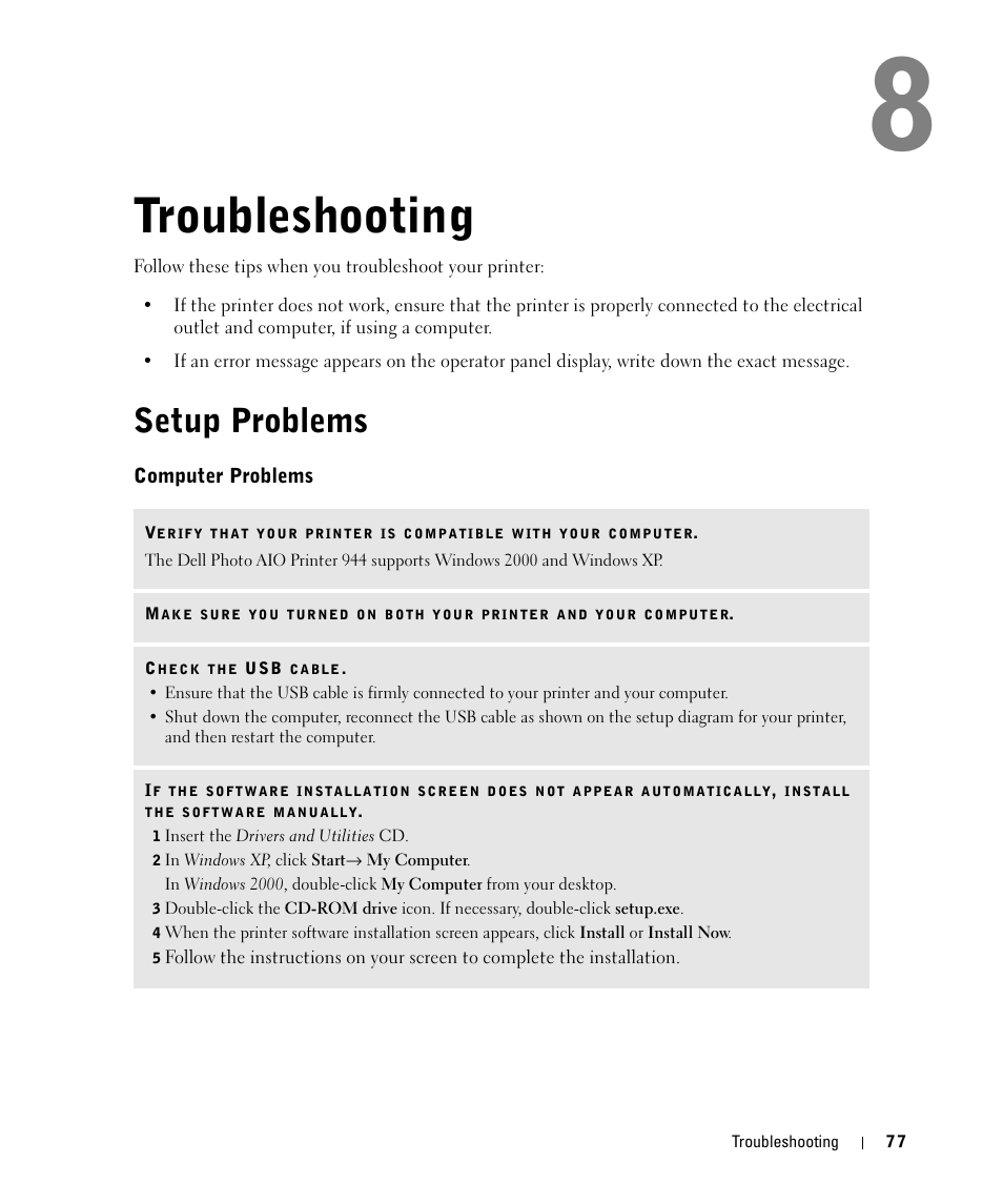 Troubleshooting, Setup problems, Computer problems | Dell 944 All In One Inkjet Printer User Manual | Page 77 / 118