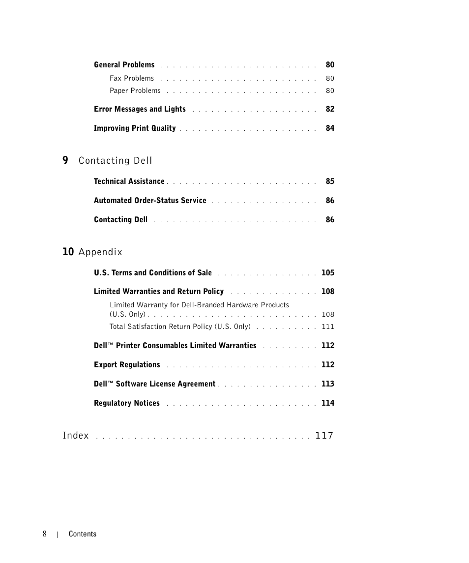 9contacting dell, 10 appendix, Index | Dell 944 All In One Inkjet Printer User Manual | Page 8 / 118