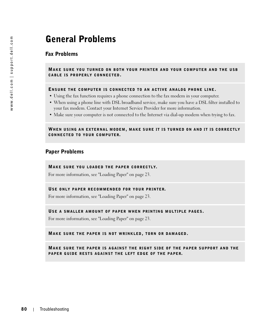 General problems, Fax problems, Paper problems | Fax problems paper problems | Dell 944 All In One Inkjet Printer User Manual | Page 80 / 118