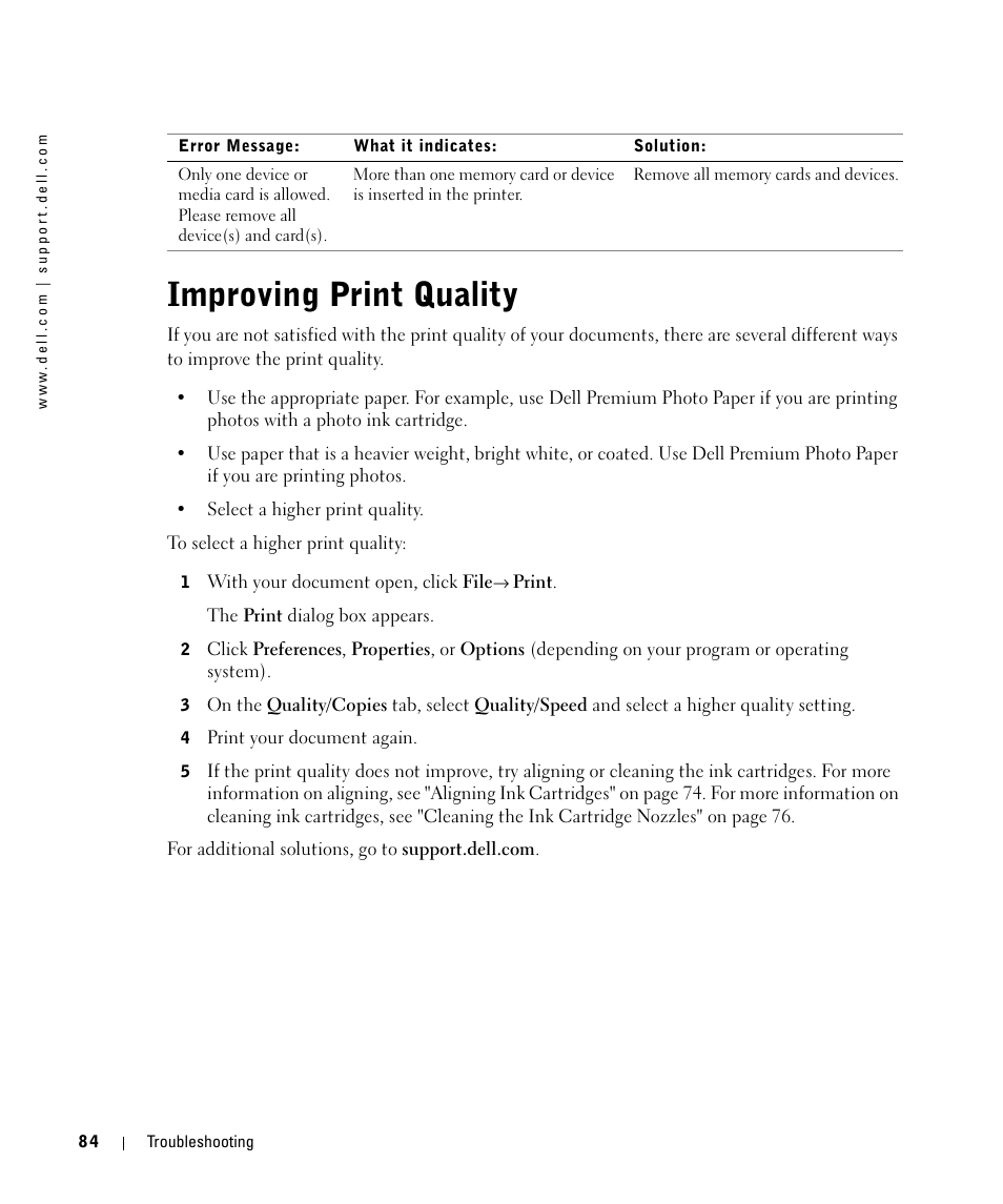 Improving print quality | Dell 944 All In One Inkjet Printer User Manual | Page 84 / 118