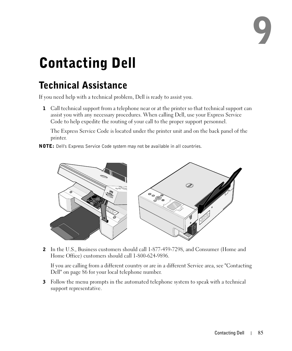 Contacting dell, Technical assistance | Dell 944 All In One Inkjet Printer User Manual | Page 85 / 118