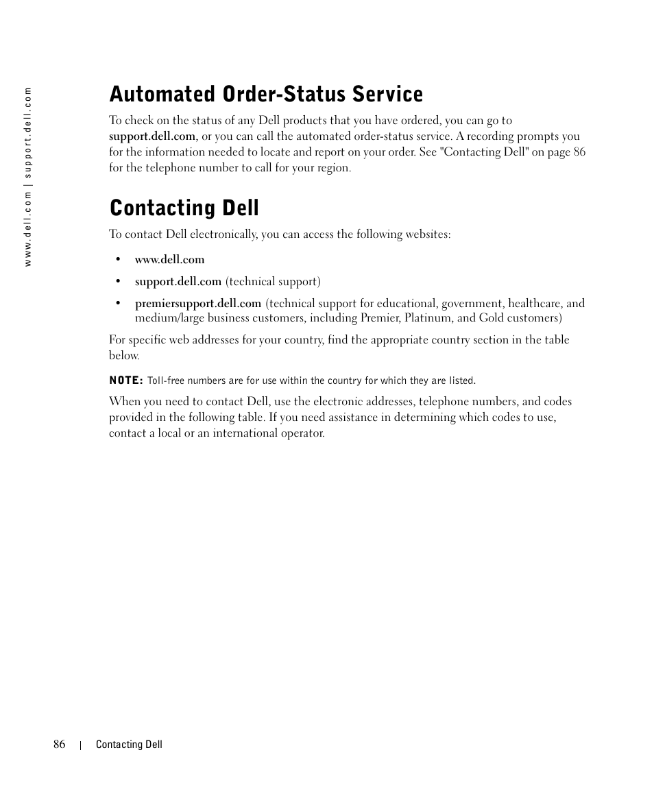 Automated order-status service, Contacting dell | Dell 944 All In One Inkjet Printer User Manual | Page 86 / 118