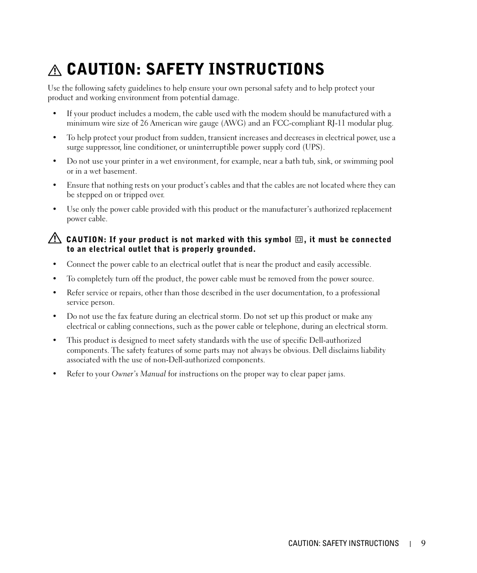 Caution: safety instructions | Dell 944 All In One Inkjet Printer User Manual | Page 9 / 118