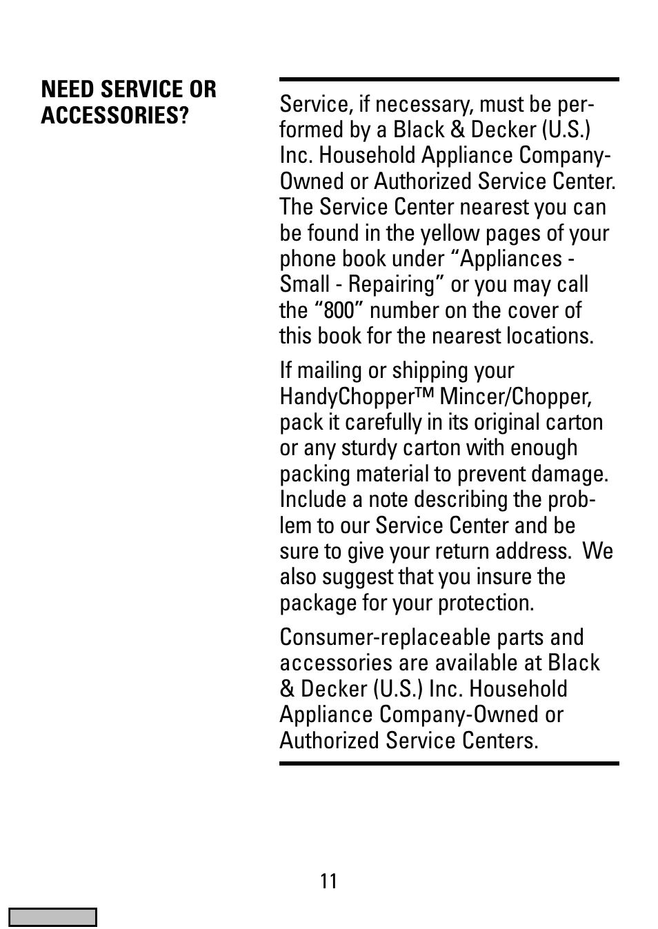 Need service or accessories | Black & Decker HC20 User Manual | Page 11 / 12