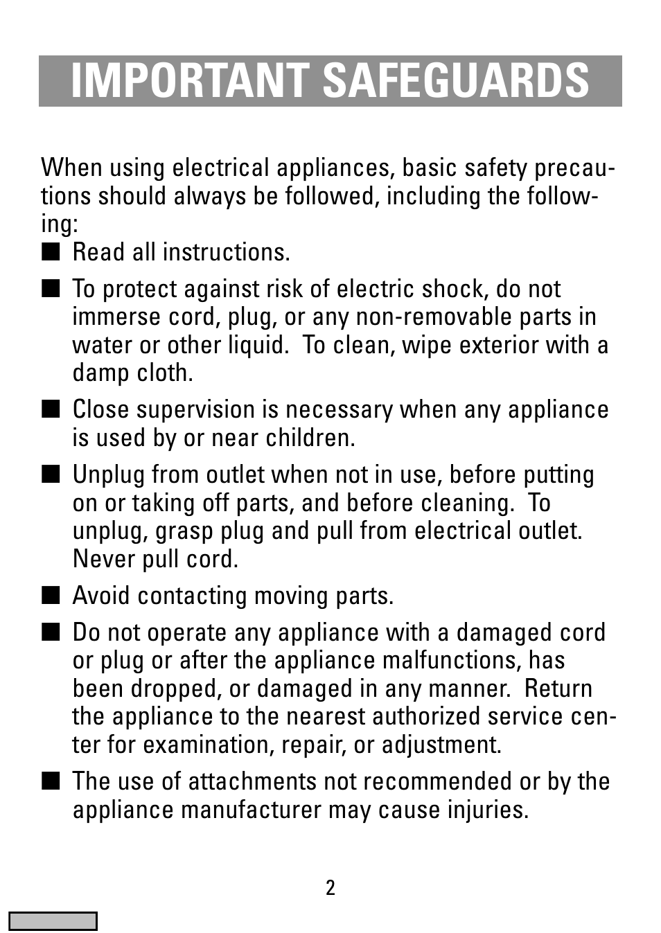 Safegaurds, Important safeguards | Black & Decker HC20 User Manual | Page 2 / 12