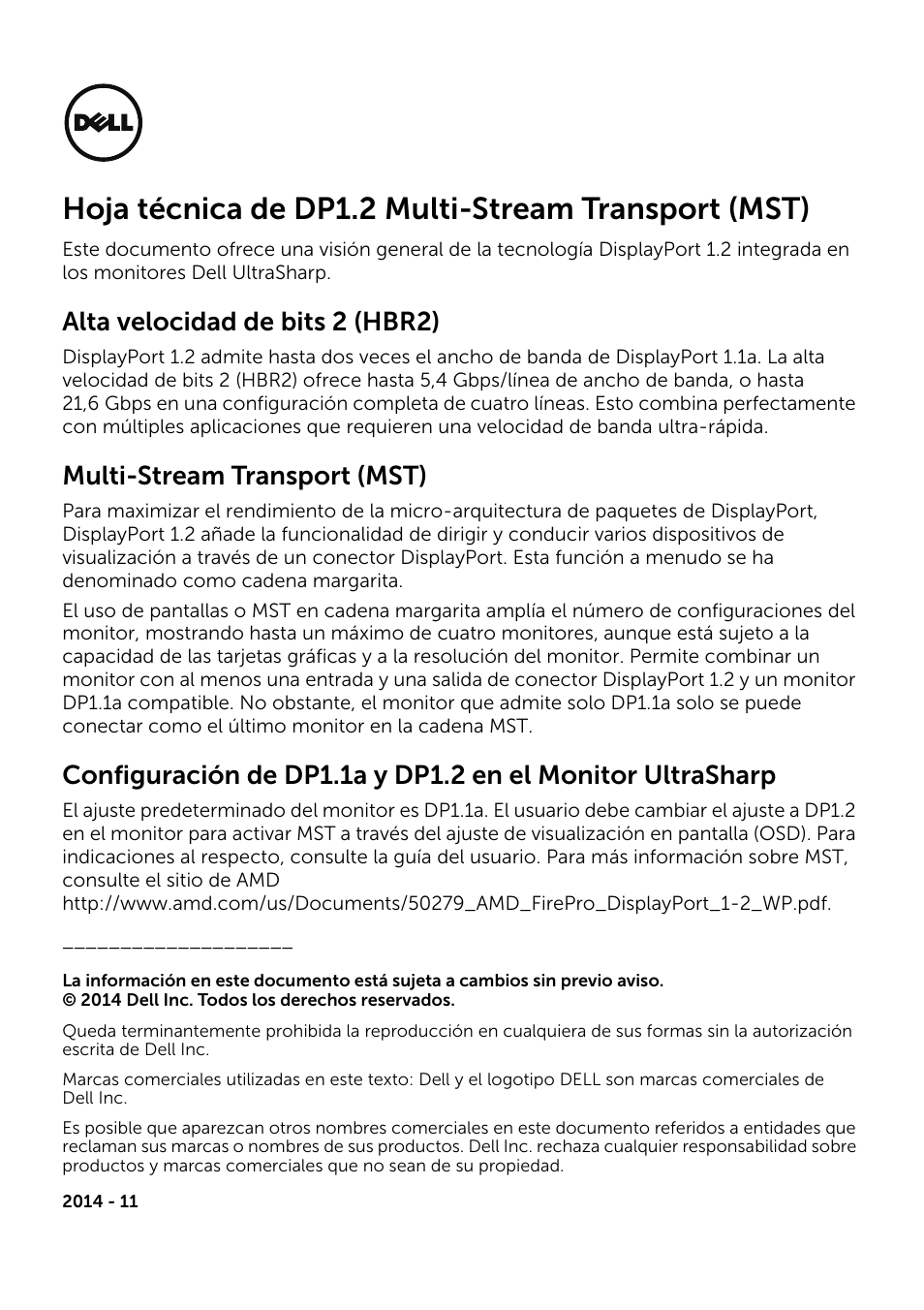 Hoja técnica de dp1.2 multi-stream transport (mst), Alta velocidad de bits 2 (hbr2), Multi-stream transport (mst) | Dell UltraSharp 34 Curved Monitor User Manual | Page 10 / 19