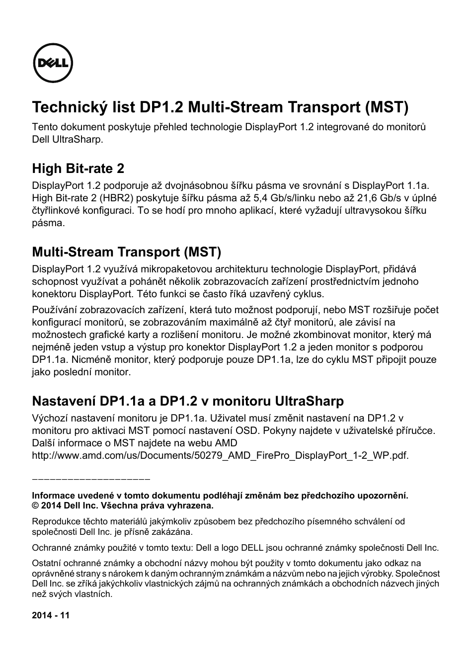 Technický list dp1.2 multi-stream transport (mst), High bit-rate 2, Multi-stream transport (mst) | Nastavení dp1.1a a dp1.2 v monitoru ultrasharp | Dell UltraSharp 34 Curved Monitor User Manual | Page 2 / 19