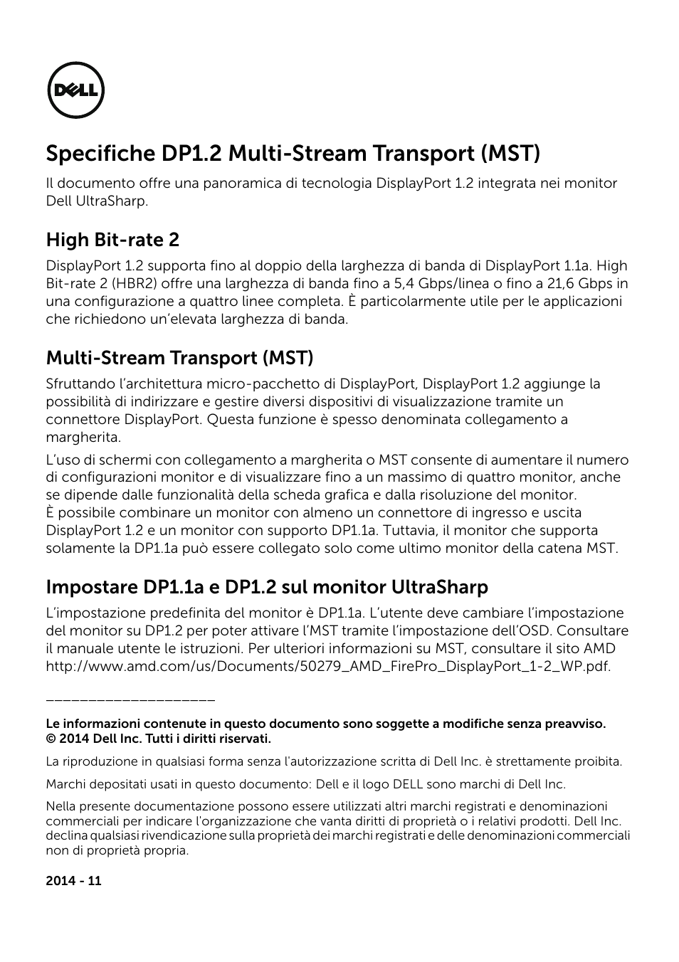 Specifiche dp1.2 multi-stream transport (mst), High bit-rate 2, Multi-stream transport (mst) | Impostare dp1.1a e dp1.2 sul monitor ultrasharp | Dell UltraSharp 34 Curved Monitor User Manual | Page 5 / 19