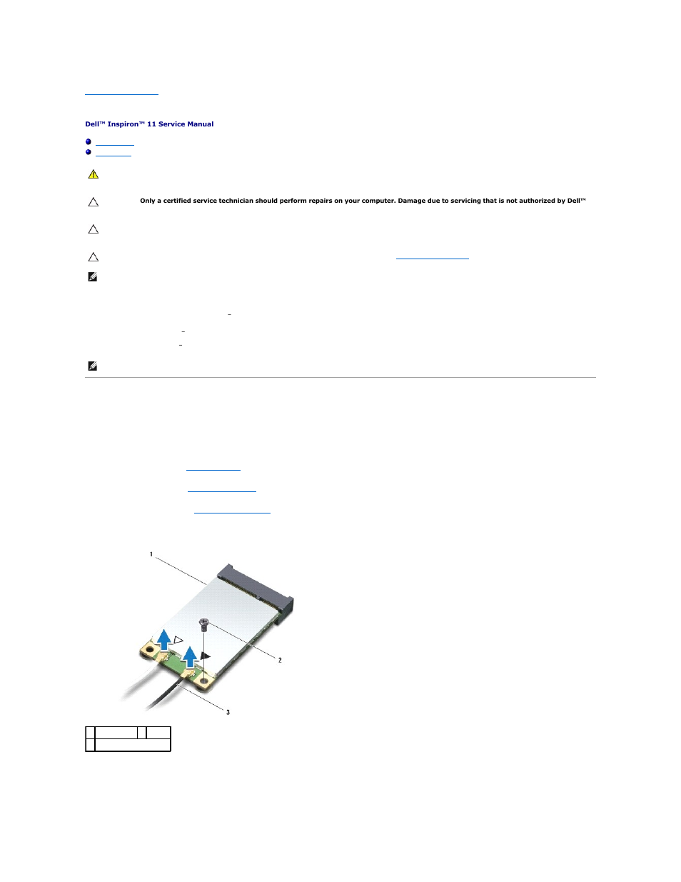 Wireless mini-card(s), Wwan card, Removing the wwan card | Dell Inspiron 11z (1110, Mid 2009) User Manual | Page 35 / 54