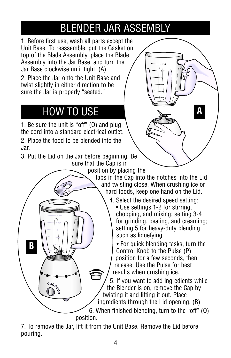 Jar assembly, How to use, How to use blender jar assembly | Black & Decker MGD250 User Manual | Page 4 / 8