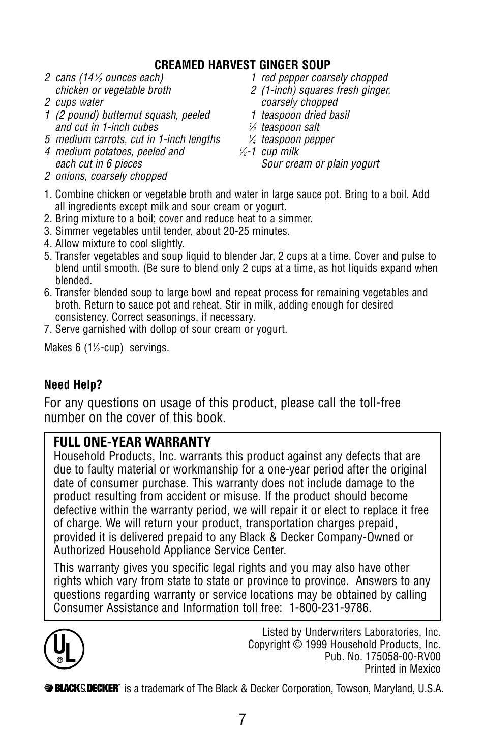 Warranty, Full one-year warranty, Creamed harvest ginger soup | Black & Decker MGD250 User Manual | Page 7 / 8
