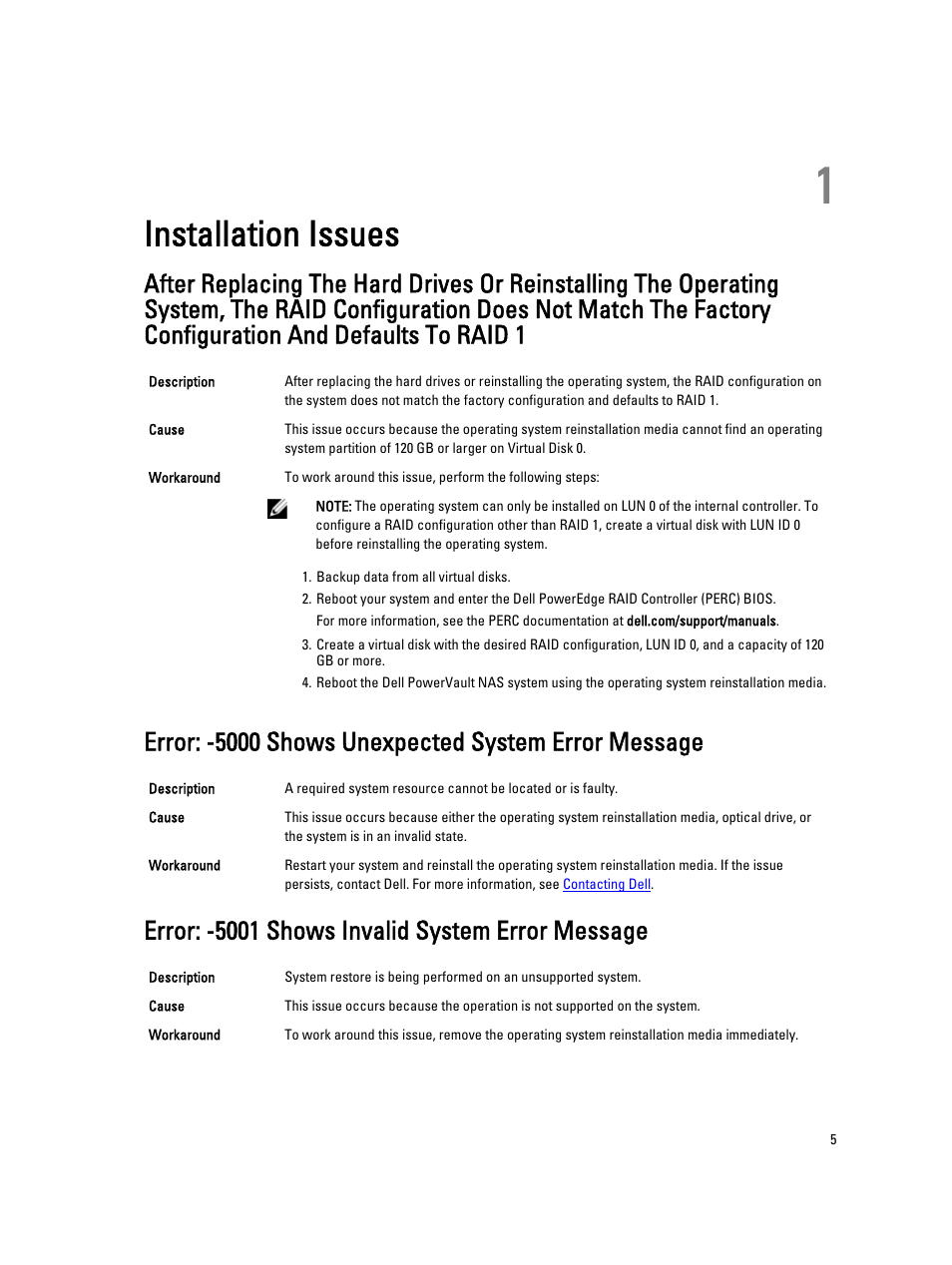 Installation issues, Error: -5000 shows unexpected system error message, Error: -5001 shows invalid system error message | 1 installation issues | Dell Powervault NX400 User Manual | Page 5 / 16
