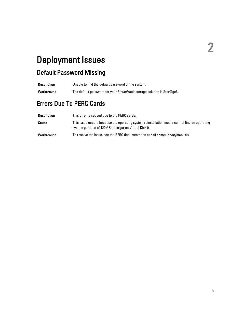 Deployment issues, Default password missing, Errors due to perc cards | 2 deployment issues | Dell Powervault NX400 User Manual | Page 9 / 16