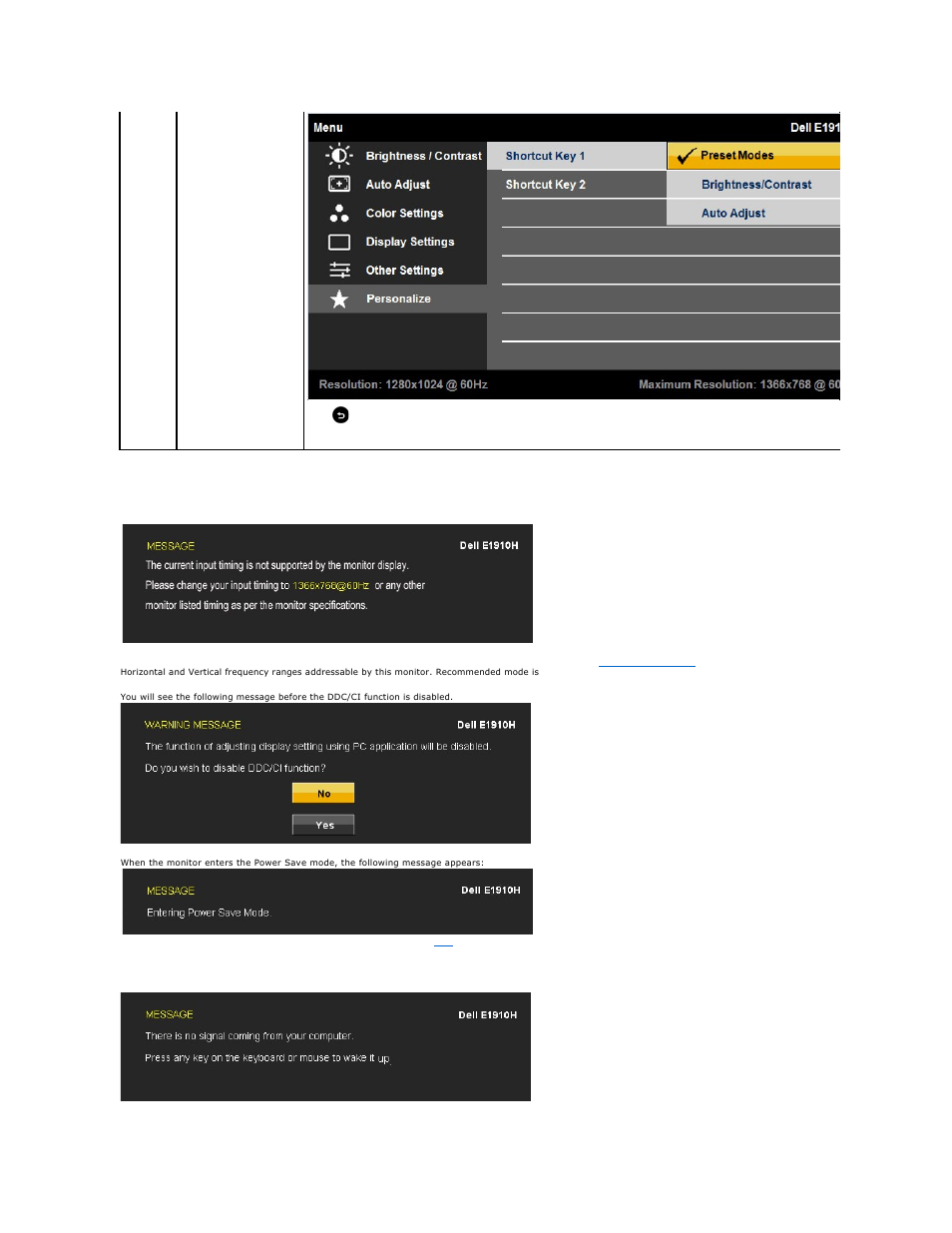 Osd warning messages | Dell E1910H Monitor User Manual | Page 19 / 29