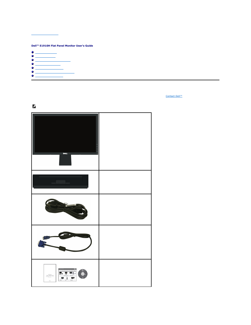 About your monitor, Package contents | Dell E1910H Monitor User Manual | Page 2 / 29