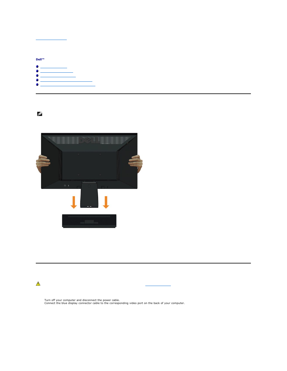 Setting up the monitor, Attaching the stand, Connecting your monitor | Connecting the blue vga cable | Dell E1910H Monitor User Manual | Page 24 / 29