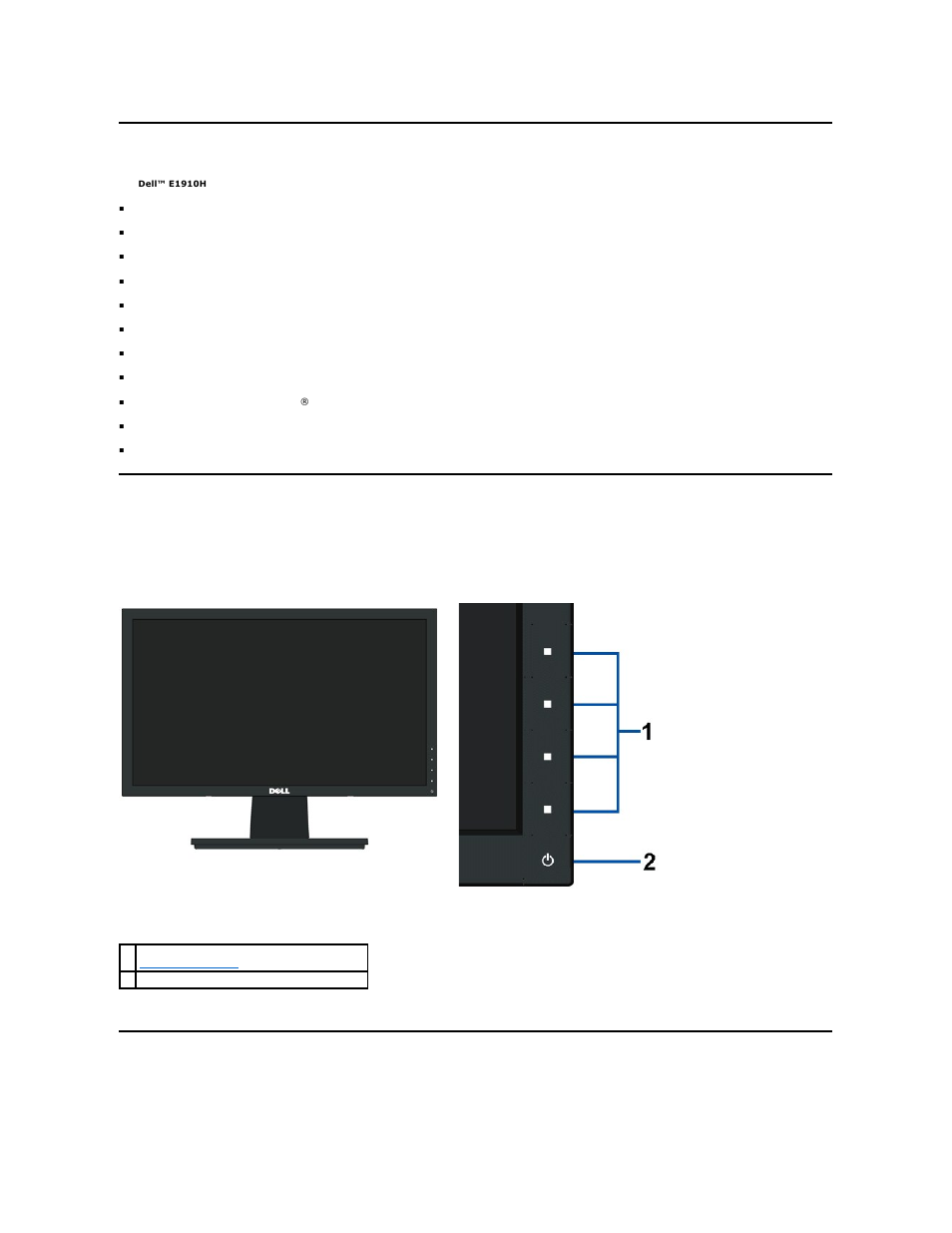Product features, Identifying parts and controls, Front view | Back view | Dell E1910H Monitor User Manual | Page 3 / 29