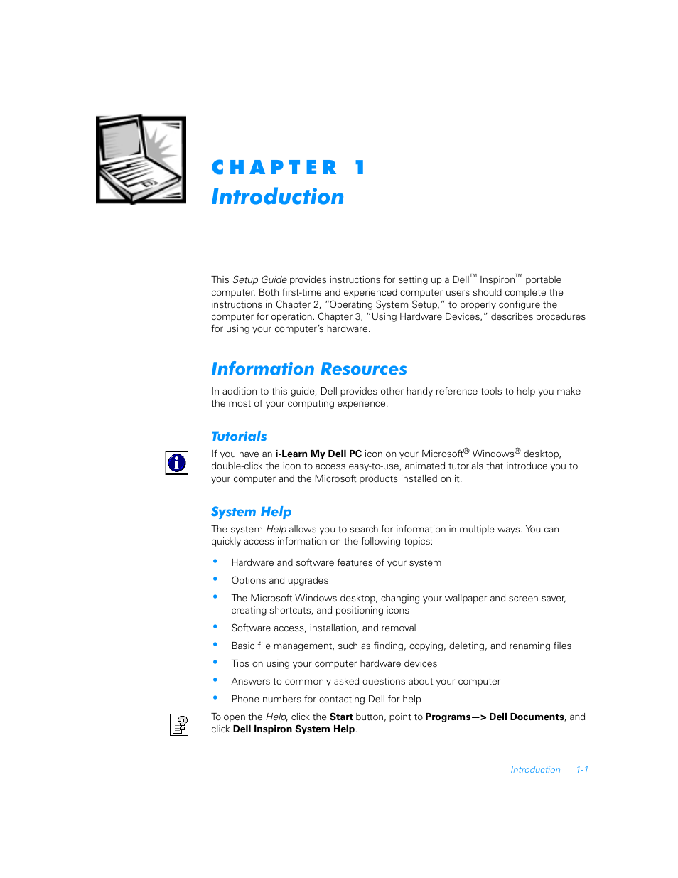 Chapter 1, Information resources, Tutorials | System help, Information resources -1, Tutorials -1, System help -1 | Dell Inspiron 5000 User Manual | Page 5 / 20
