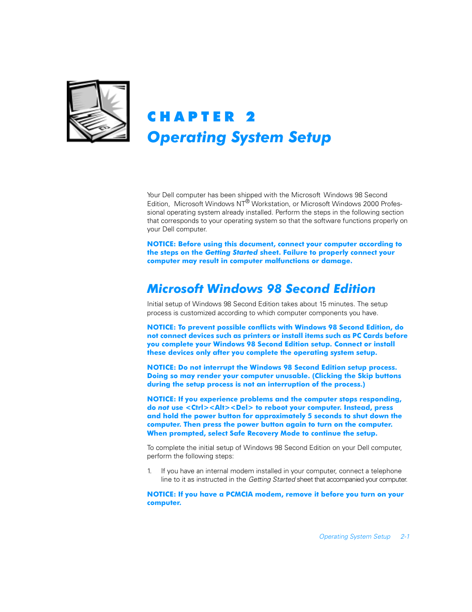 Chapter 2, Microsoft windows 98 second edition, Microsoft windows 98 second edition -1 | Dell Inspiron 5000 User Manual | Page 7 / 20