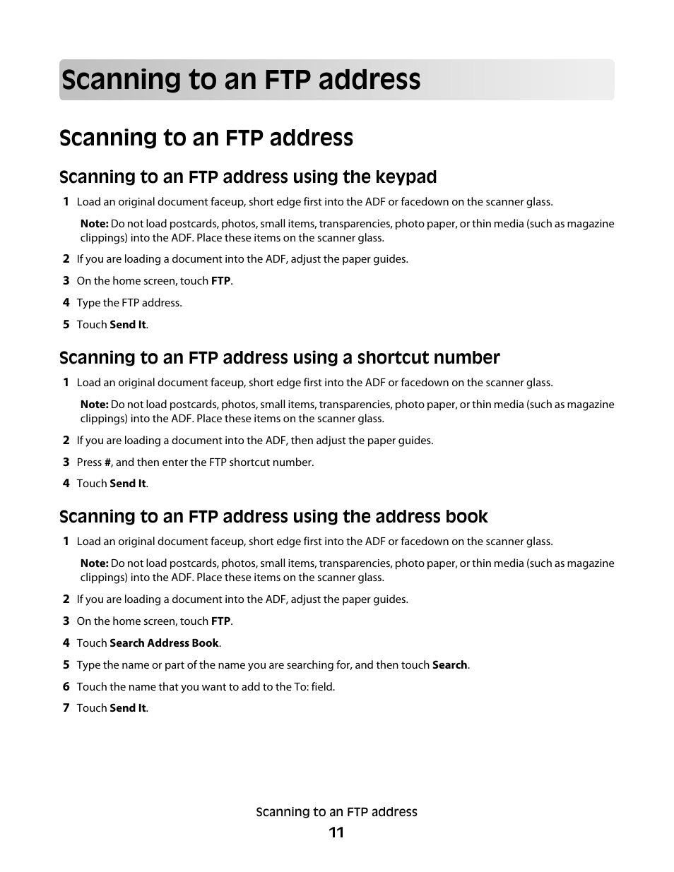 Scanning to an ftp address, Scanning to an ftp address using the keypad, Scanning to an ftp address using a shortcut number | Scanning to an ftp address using the address book | Dell 5535dn Mono Laser MFP User Manual | Page 11 / 13