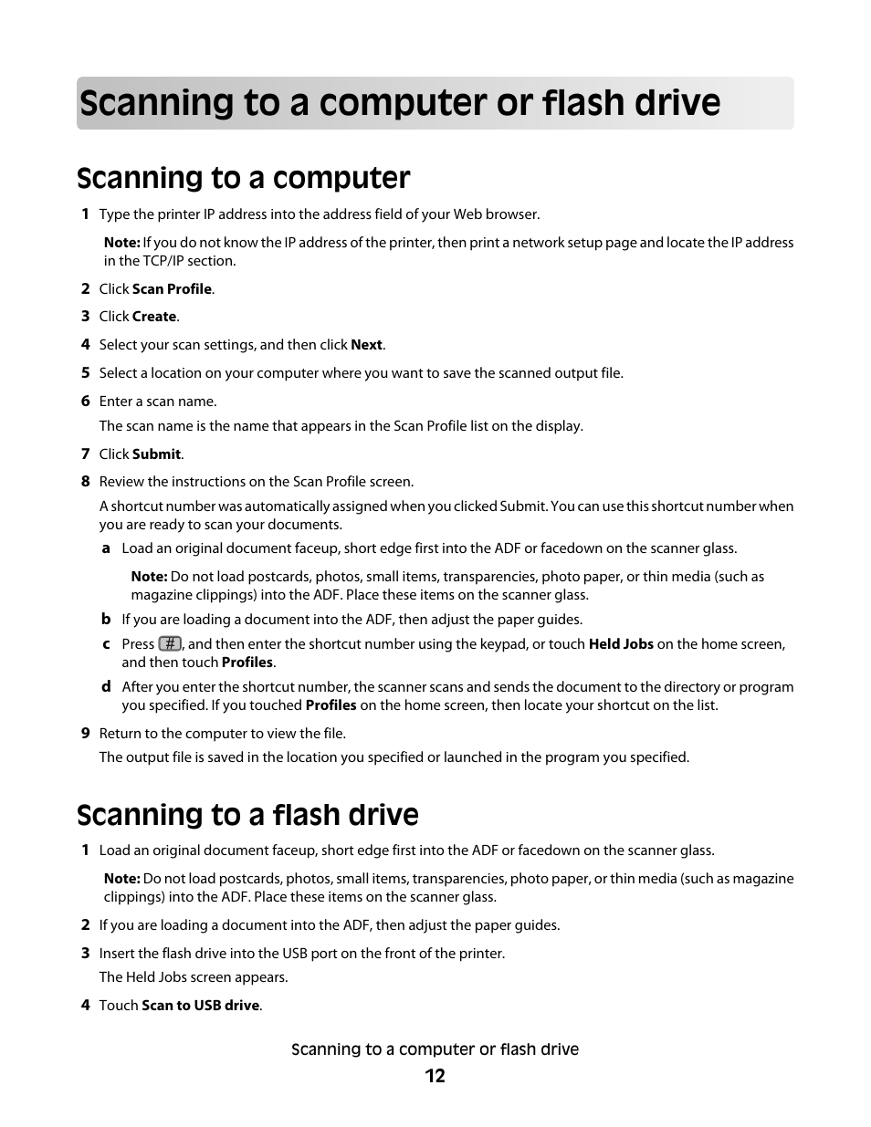 Scanning to a computer or flash drive, Scanning to a computer, Scanning to a flash drive | Dell 5535dn Mono Laser MFP User Manual | Page 12 / 13