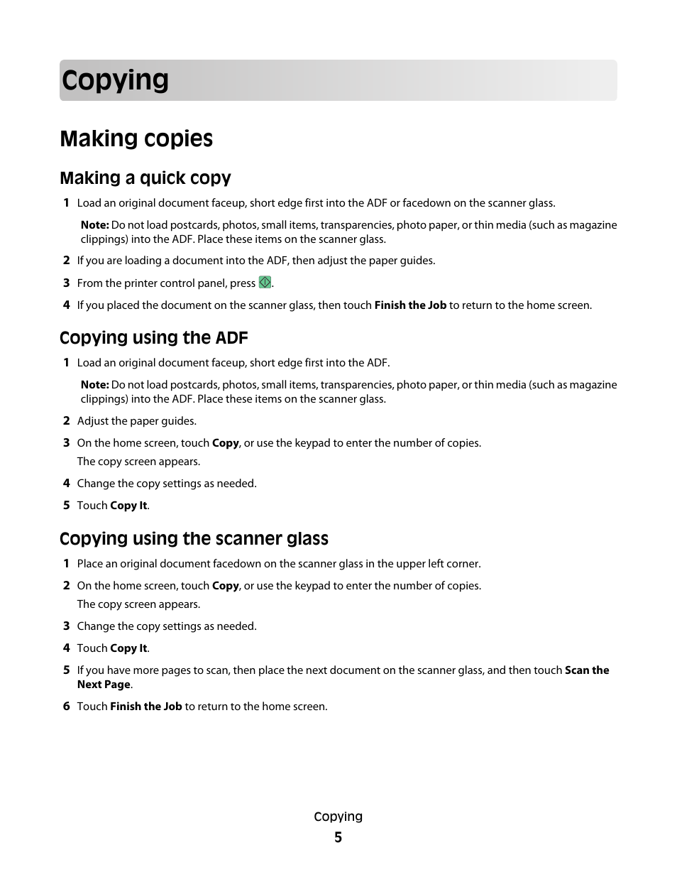 Copying, Making copies, Making a quick copy | Copying using the adf, Copying using the scanner glass | Dell 5535dn Mono Laser MFP User Manual | Page 5 / 13