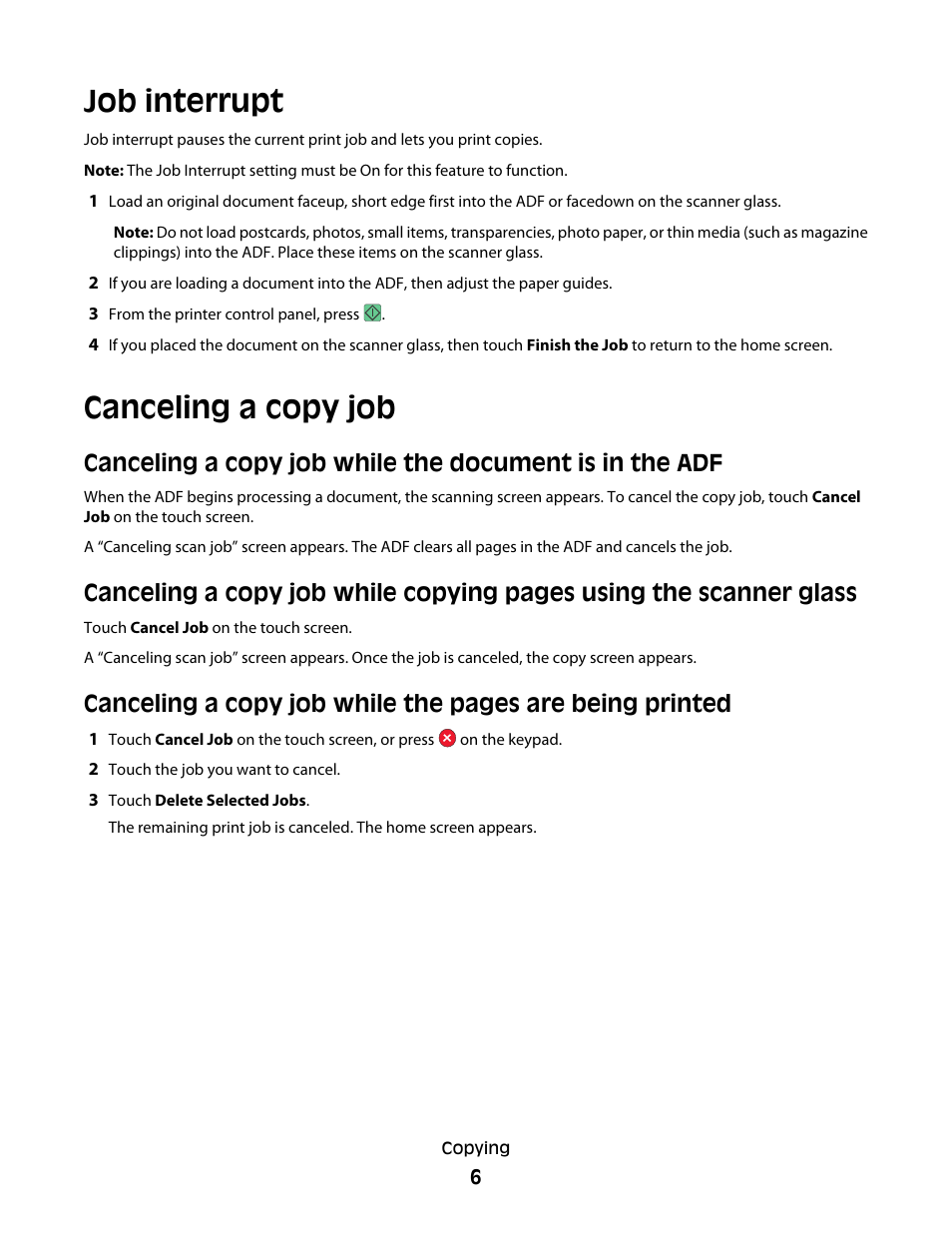 Job interrupt, Canceling a copy job | Dell 5535dn Mono Laser MFP User Manual | Page 6 / 13