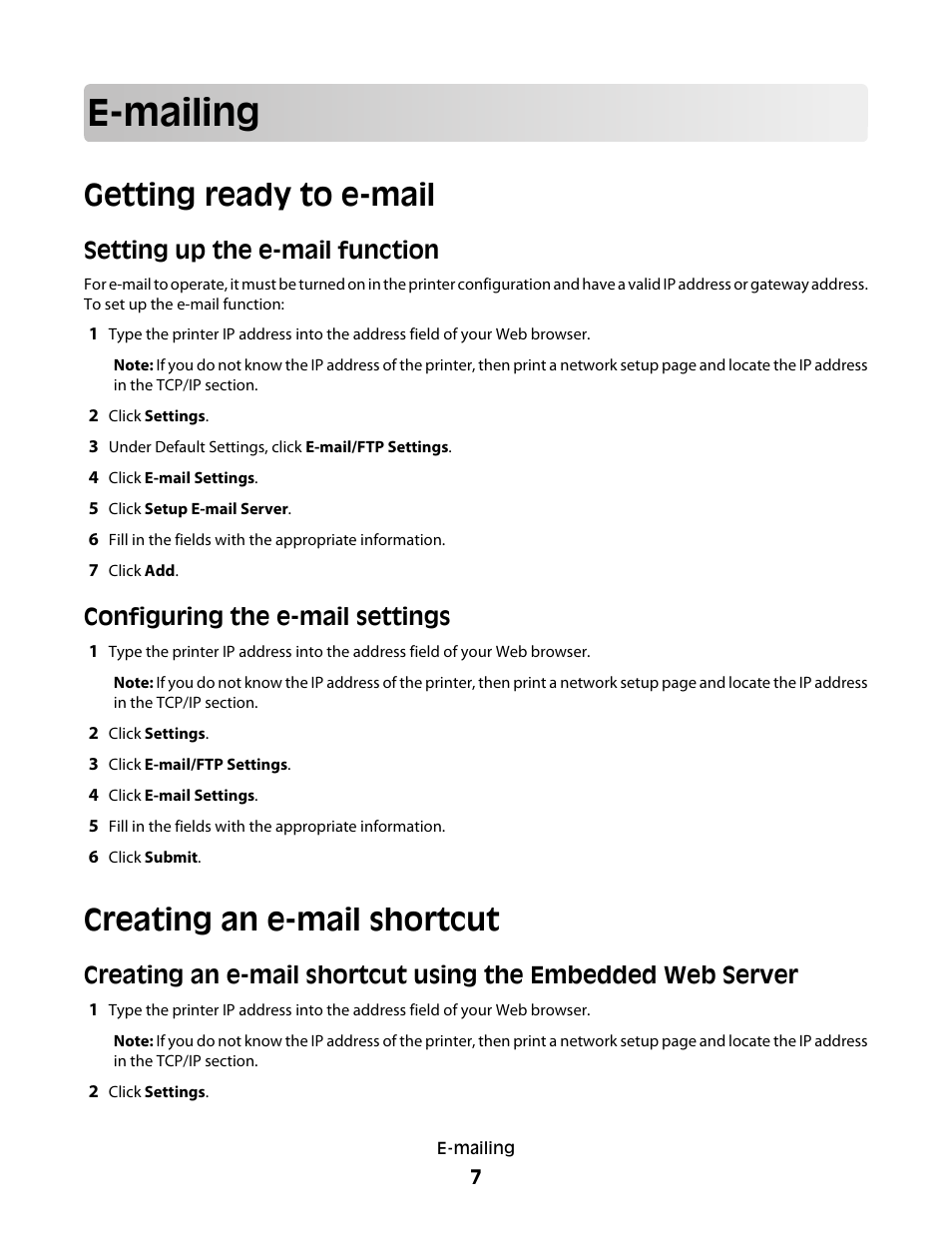 E-mailing, Getting ready to e-mail, Setting up the e-mail function | Configuring the e-mail settings, Creating an e-mail shortcut | Dell 5535dn Mono Laser MFP User Manual | Page 7 / 13