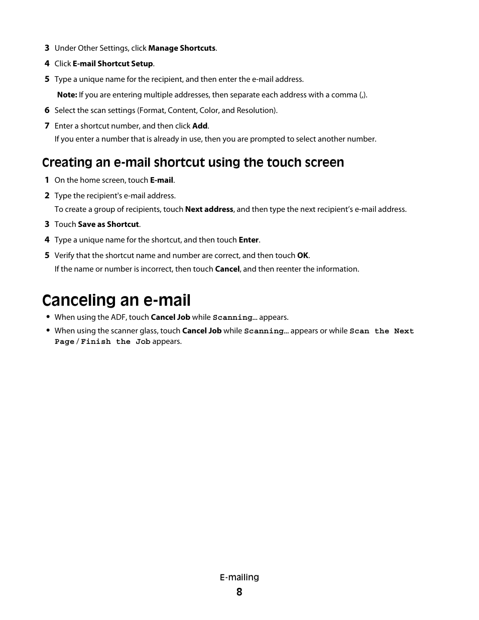 Creating an e-mail shortcut using the touch screen, Canceling an e-mail | Dell 5535dn Mono Laser MFP User Manual | Page 8 / 13