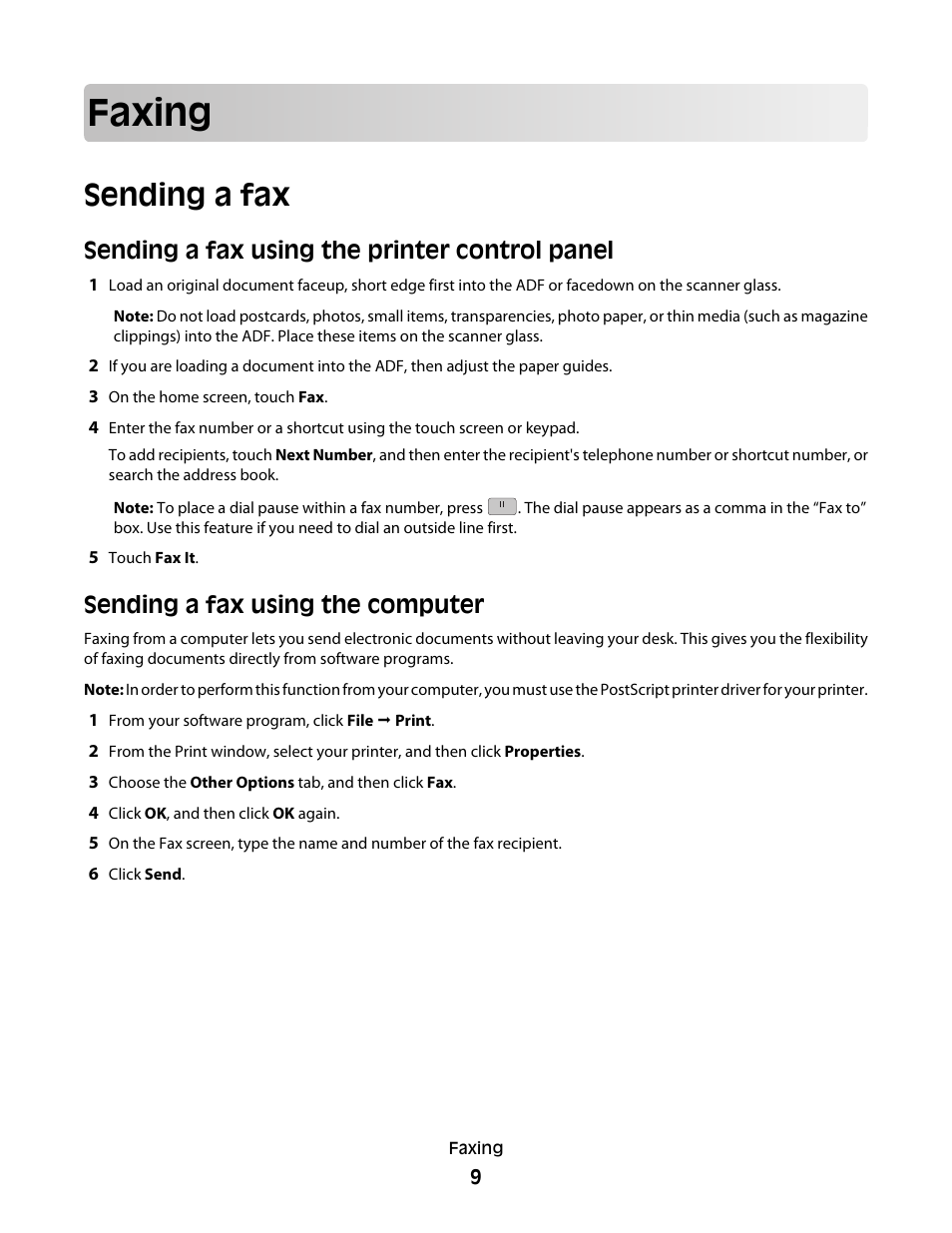 Faxing, Sending a fax, Sending a fax using the printer control panel | Sending a fax using the computer | Dell 5535dn Mono Laser MFP User Manual | Page 9 / 13