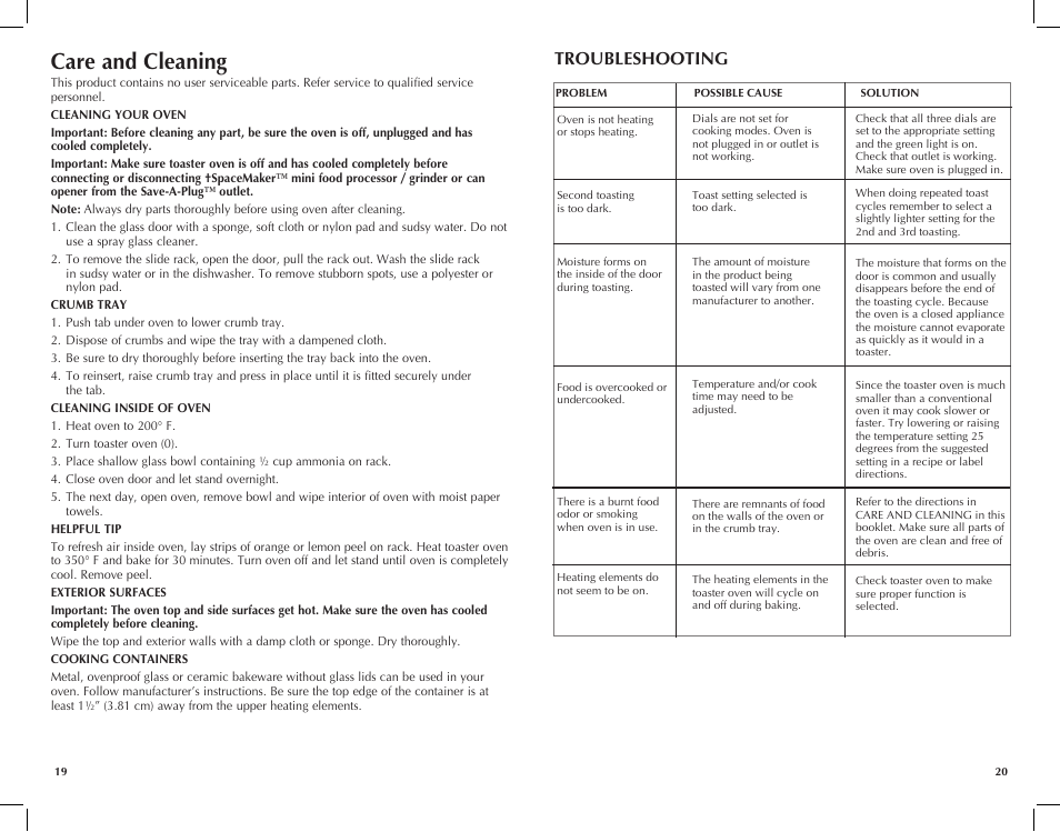 Care and cleaning, Troubleshooting | Black & Decker TRos1500 User Manual | Page 11 / 26